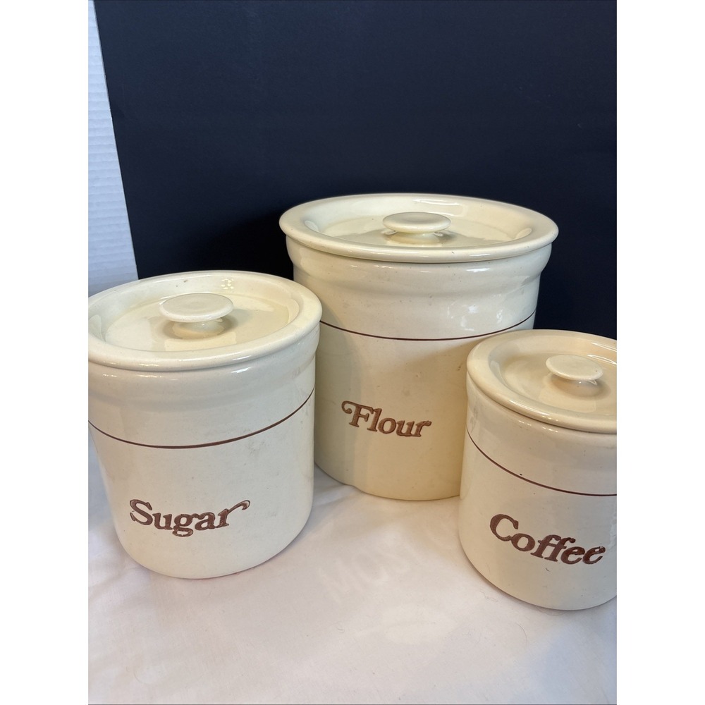 Vintage Stoneware, Three Piece Canister Set Beige And Brown Striped Heavy 1970S